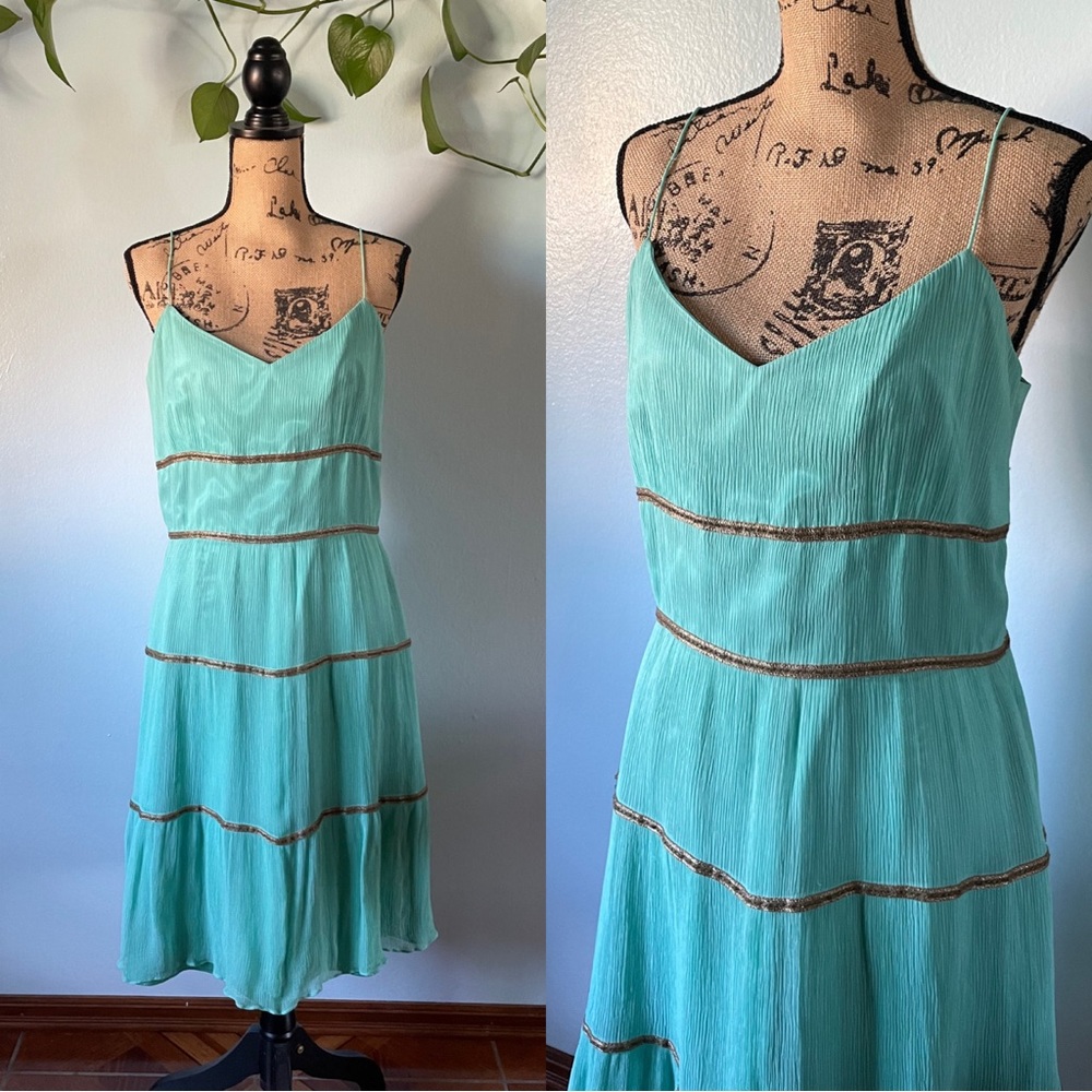 Vintage Turquoise Chiffon Dress with Gold Trim Ribbon